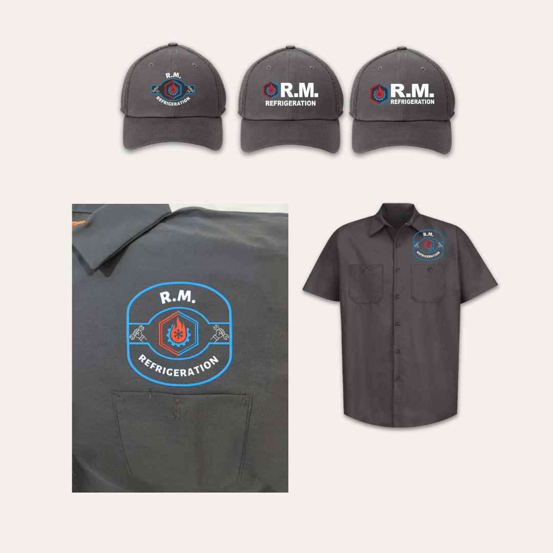 Print collateral image of uniforms with RM Refrigeration Logo