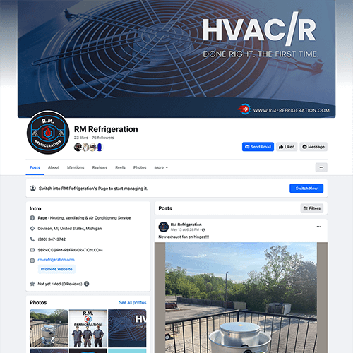 screen capture of facebook profile for RM refrigeration