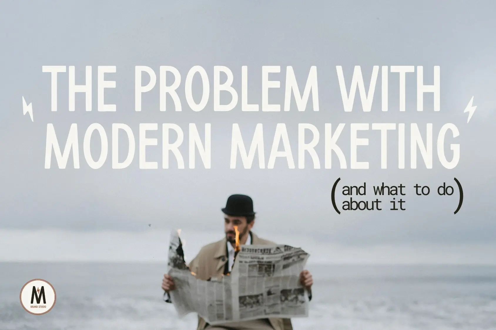 Man reading a burning newspaper on the beach, symbolizing the downfall of outdated marketing tactics.